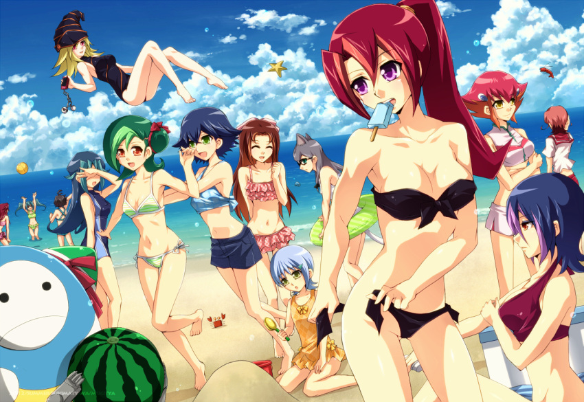 1boy 6+girls animal_ears arms_up ball bare_shoulders beach beachball bikini black_bikini black_one-piece_swimsuit blonde_hair blue_hair blue_one-piece_swimsuit blue_sky breasts brown_hair cat_ears cat_girl cat_tail cathy_(yu-gi-oh!) character_request cleavage closed_eyes cloud cloudy_sky covering_own_eyes crab day droite_(yu-gi-oh!) dyed_bangs everyone floating food frilled_bikini frills fruit gagaga_girl glasses green_bikini green_eyes green_hair hair_ribbon hat holding holding_food holding_fruit holding_watermelon horizon iii_(yu-gi-oh!) innertube kamishiro_rio kouzuki_anna leg_up light_purple_hair long_hair mayumi_(yu-gi-oh!) medium_breasts midriff mizuki_kotori_(yu-gi-oh!) mouth_hold mugicha_(sukimachaya) multicolored_hair multiple_girls navel obomi_(yu-gi-oh!) one-piece_swimsuit open_mouth orange_hair outdoors pink_bikini popsicle profile purple_eyes red_eyes red_hair red_ribbon red_sailor_collar ribbon robot sachi_(yu-gi-oh!) sailor_collar sand sei_(yu-gi-oh!) shadow short_hair sitting sky small_breasts smile standing starfish swim_ring swimsuit tail tsukumo_akari two-tone_hair water watermelon white_one-piece_swimsuit wizard_hat yellow_eyes yellow_one-piece_swimsuit yu-gi-oh! yu-gi-oh!_zexal