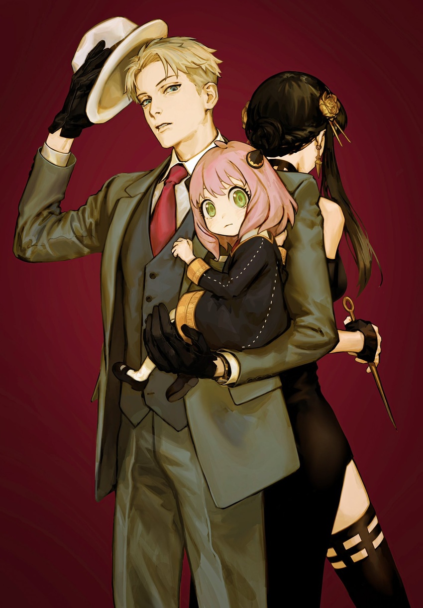 1boy 2girls ahoge anya_(spy_x_family) black_dress black_gloves black_hair blonde_hair braid breasts brown_jacket brown_pants carrying child_carry collared_shirt dagger dress eden_academy_school_uniform fingerless_gloves formal gloves gradient_background green_eyes hairpods hat hat_tip highres holding holding_clothes holding_hat holding_weapon jacket knife large_breasts lolicon long_hair looking_at_viewer multiple_girls necktie pants pink_hair red_background red_necktie school_uniform seki_(fyfyfy) shirt short_hair spy_x_family stiletto_(weapon) suit thighhighs twilight_(spy_x_family) unworn_hat unworn_headwear vest weapon white_shirt yor_briar