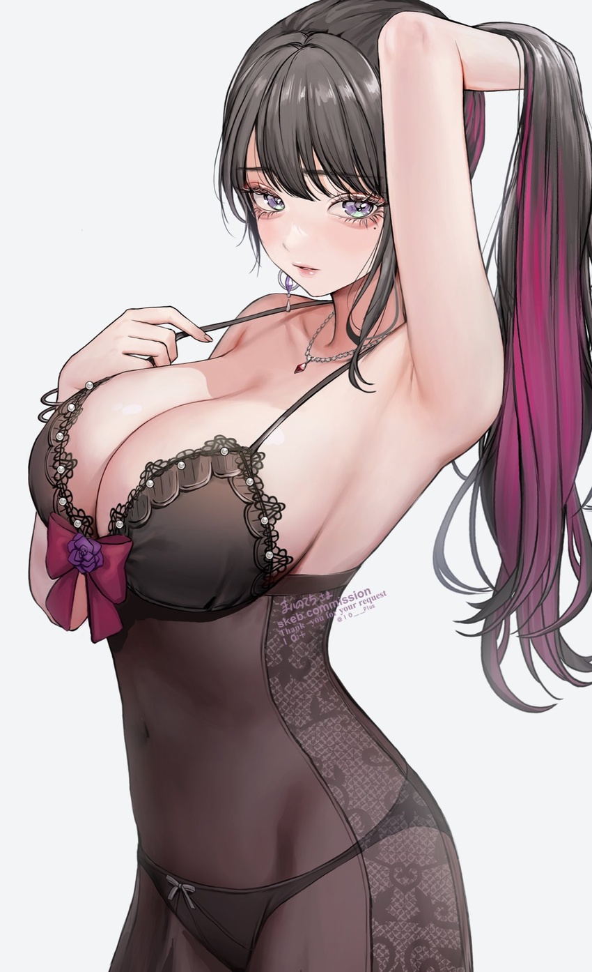 10_plus arm_up armpits black_hair blush bow bowtie bra breasts collarbone colored_inner_hair commission earrings eyelashes female flower highres jewelry koinoya_mai lace-trimmed_bra lace_trim large_breasts lingerie long_hair looking_at_viewer mole mole_under_eye multicolored_hair necklace panties ponytail propro_production purple_eyes skeb_commission solo two-tone_hair underwear virtual_youtuber