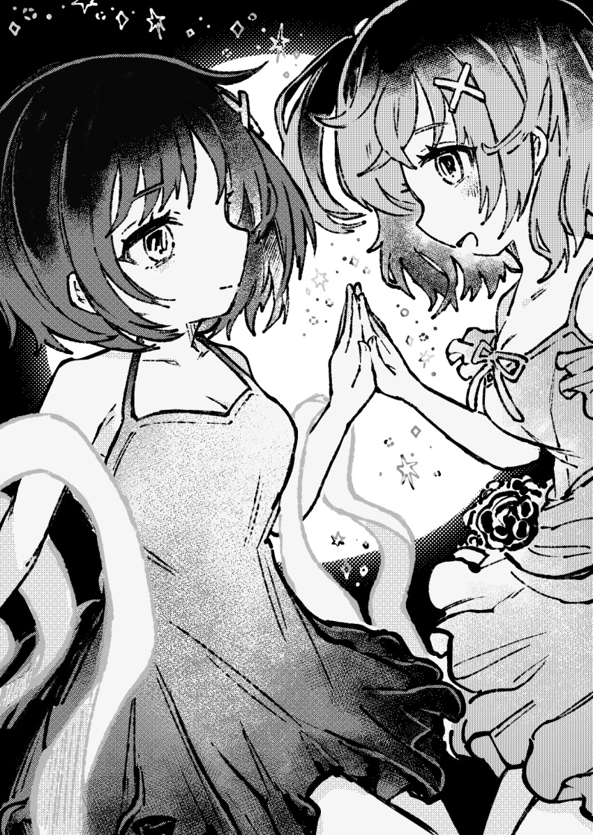 2girls blush closed_mouth collarbone denonbu dress eye_contact flower greyscale hair_ornament hidaka_reina_(denonbu) highres kiato looking_at_another medium_hair monochrome multiple_girls novel_illustration official_art open_mouth ribbon second-party_source seto_mitsuki_(denonbu) short_dress short_hair siblings sisters sleeveless sleeveless_dress smile twins x_hair_ornament