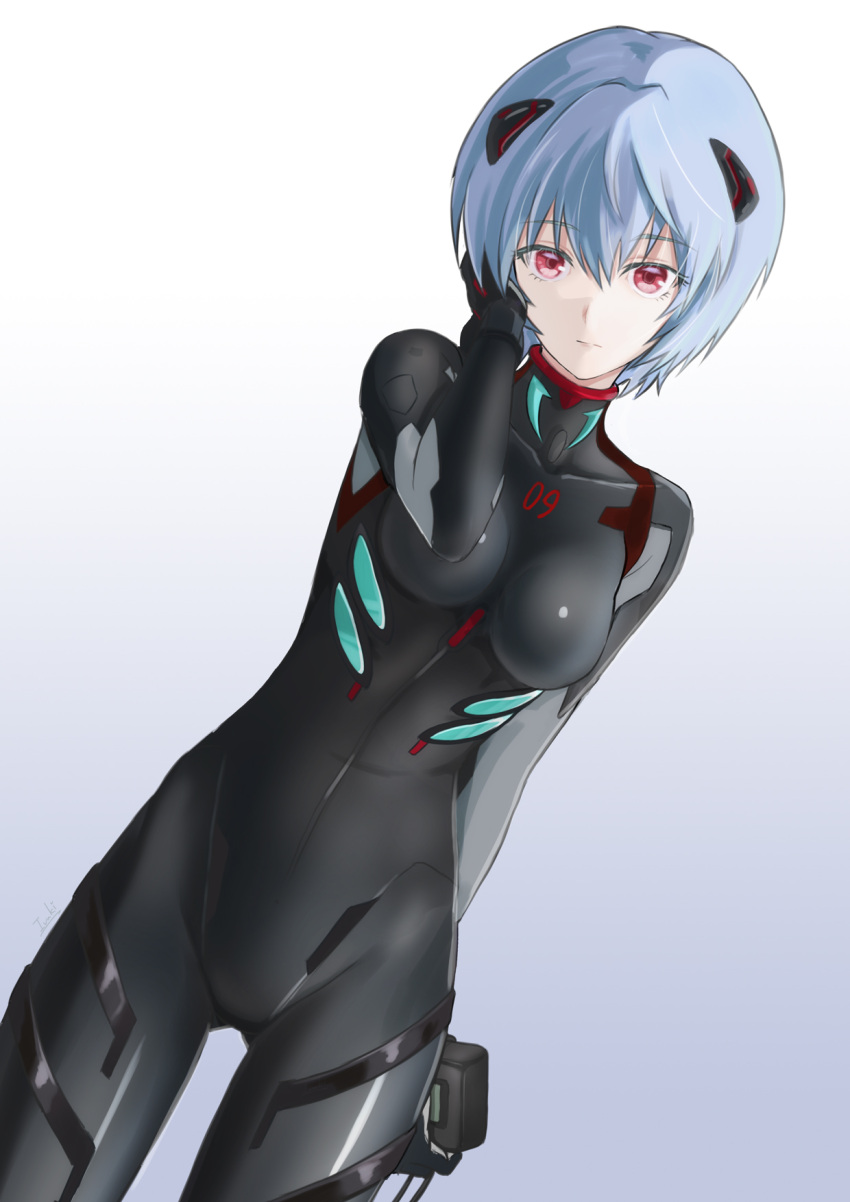 arm_behind_back ayanami_rei black_bodysuit blue_hair bodysuit breasts breasts_apart closed_mouth commentary cowboy_shot dutch_angle evangelion:_3.0_you_can_(not)_redo female gradient_background grey_background hair_between_eyes hand_in_own_hair headgear highres ivuki looking_at_viewer medium_breasts neon_genesis_evangelion plugsuit rebuild_of_evangelion red_eyes shiny_clothes short_hair solo standing thigh_gap