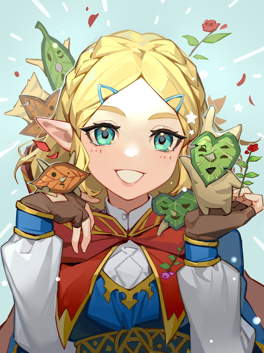 blonde_hair blue_eyes braid brown_gloves cape commentary crow0cc female fingerless_gloves flower gloves hair_ornament hairclip highres korok leaf looking_at_viewer pink_flower pink_rose pointy_ears princess_zelda puffy_sleeves red_cape red_flower red_rose rose smile solo the_legend_of_zelda the_legend_of_zelda:_tears_of_the_kingdom upper_body