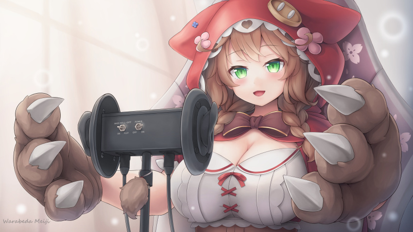 :d absurdres animal_hands animal_hood asmr binaural_microphone blush bow braid breasts brown_bow brown_hair character_name cleavage female flower gloves green_eyes highres hood large_breasts microphone nijisanji open_mouth paw_gloves red_bow red_hood short_hair smile solo tousaki_(tousakiworks) twin_braids upper_body virtual_youtuber warabeda_meiji