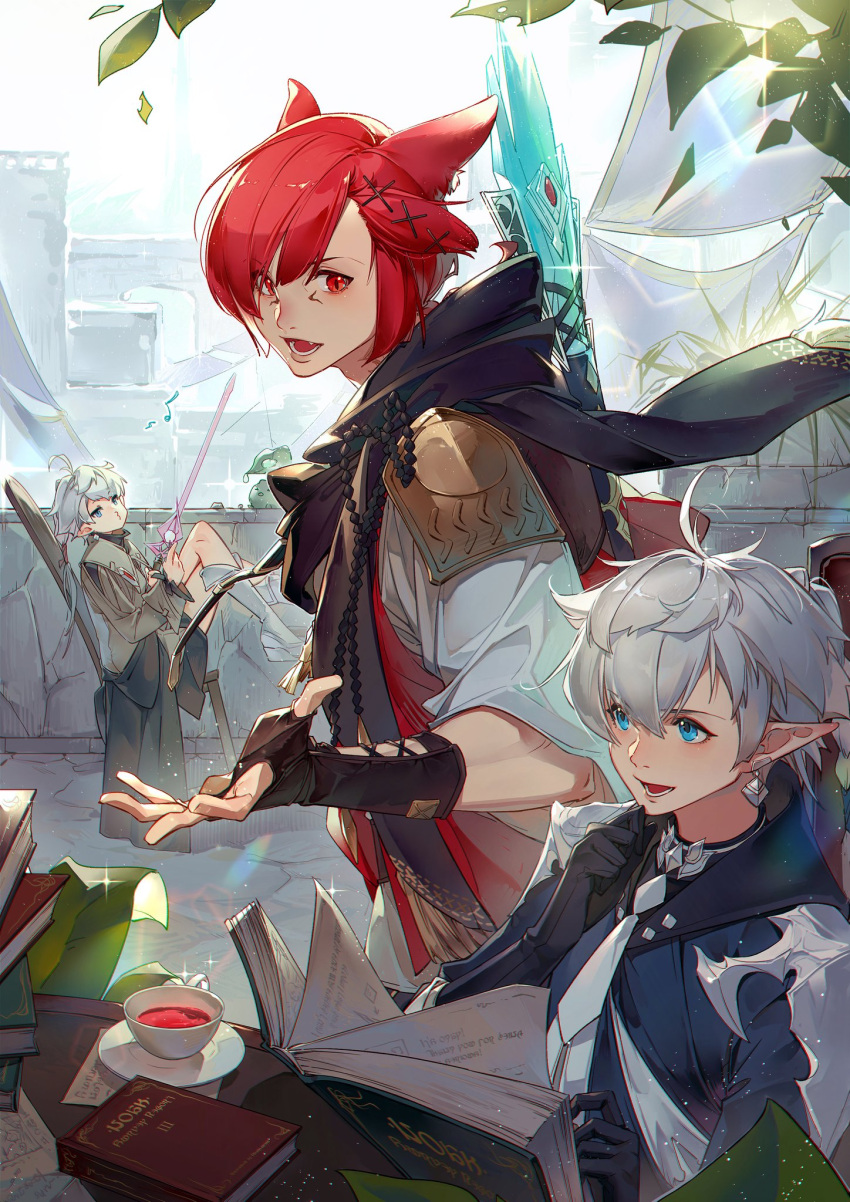 2boys ahoge alisaie_leveilleur alphinaud_leveilleur animal_ears archon_mark armor black_coat black_gloves blue_coat blue_eyes book book_stack boots bow_(weapon) cat_boy cat_ears chair chinese_commentary coat commentary crow0cc cup earrings elezen elf facial_tattoo female final_fantasy final_fantasy_xiv g'raha_tia gloves hair_ornament hand_on_own_chin highres holding holding_sword holding_weapon humming jewelry knee_boots leaf male_focus miqo'te multiple_boys musical_note oerba_yun_fang open_book open_mouth outstretched_hand pointy_ears quiver red_eyes red_hair shirt short_hair shoulder_armor sitting slit_pupils sparkle stone_wall sword table tattoo vambraces wall weapon white_footwear white_hair white_shirt x_hair_ornament