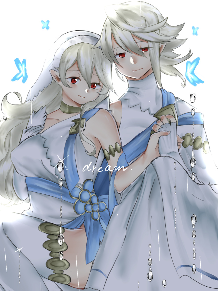 1boy bad_id bad_pixiv_id blush breasts corrin_(female)_(adrift)_(fire_emblem) corrin_(female)_(fire_emblem) corrin_(fire_emblem) corrin_(male)_(adrift)_(fire_emblem) corrin_(male)_(fire_emblem) dress elbow_gloves fingerless_gloves fire_emblem fire_emblem_fates fire_emblem_heroes gloves hairband highres jewelry long_hair looking_at_viewer red_eyes single_elbow_glove smile white_gloves yoo_yosio