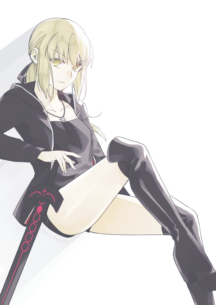 absurdres artoria_pendragon_(fate) black_footwear black_jacket black_ribbon black_shirt black_shorts blonde_hair boots closed_mouth collarbone excalibur_morgan_(fate) fate/grand_order fate_(series) female floating_hair hair_between_eyes hair_ribbon hand_on_hilt highres hood hood_down hooded_jacket invisible_chair jacket jewelry knee_boots long_hair looking_at_viewer necklace official_alternate_costume open_clothes open_jacket ribbon saber_alter saber_alter_(ver._shinjuku_1999)_(fate) shayubi shirt short_shorts shorts simple_background sitting smile smug solo white_background yellow_eyes