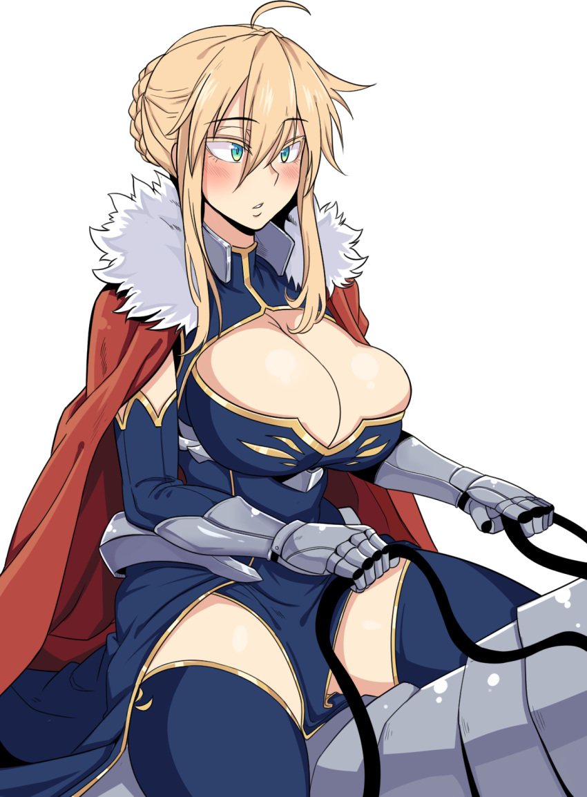 ahoge aqua_eyes artoria_pendragon_(fate) artoria_pendragon_(lancer)_(fate) blue_leotard blue_thighhighs blush braid breasts cape cleavage cleavage_cutout clothing_cutout commentary_request detached_sleeves eyelashes fate/grand_order fate_(series) female french_braid fur-trimmed_cape fur_trim gauntlets gold_trim hair_between_eyes highleg highleg_leotard highres holding holding_reins kook korean_commentary large_breasts leotard open_mouth red_cape reins sidelocks simple_background sitting skindentation sleeveless sleeveless_turtleneck sleeveless_turtleneck_leotard solo thighhighs turtleneck turtleneck_leotard white_background