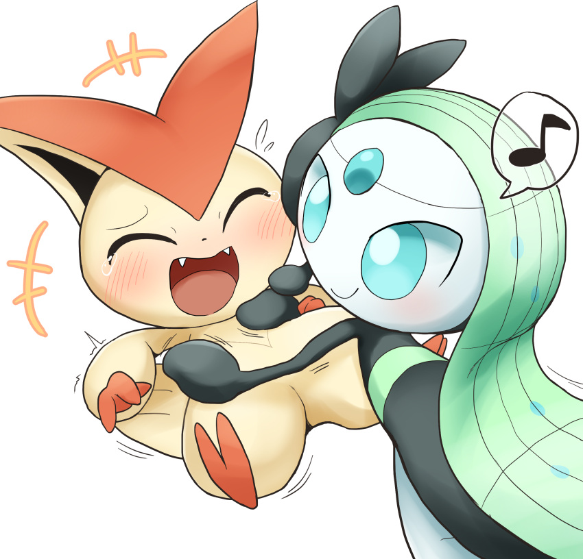 absurd_res blush bodily_fluids butt_wings crossbar_emanata duo emanata female generation_5_pokemon hi_res laugh legendary_pokemon lying male meloetta meloetta_(aria_form) nintendo on_back pokemon pokemon_(species) smile tears tickling tickling_armpits victini vitamin_t wings