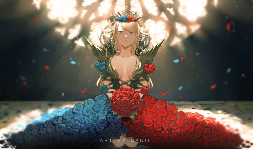 artist_name asymmetrical_bangs black_clover blonde_hair blue_eyes blue_flower blue_rose bouquet braid breasts breasts_apart charlotte_roselei collarbone crown falling_leaves female flower flower_clothes head_wreath holding holding_bouquet kneeling large_breasts leaf long_hair looking_at_viewer red_flower red_rose revealing_clothes rose sanii side_braid solo