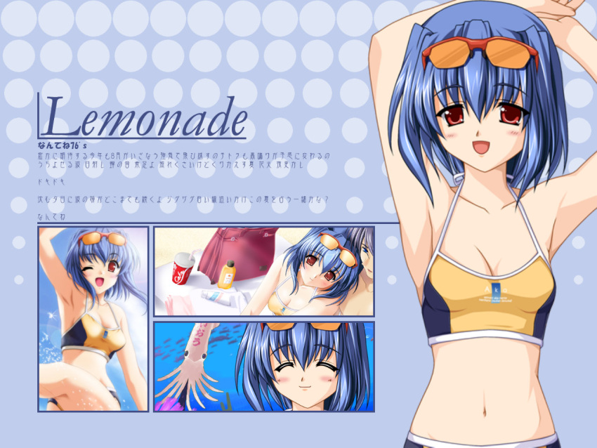 1boy akino_takehiko armpits arms_up bikini blue_hair eyewear_on_head female mizuiro red_eyes shindou_mutsuki short_hair source_request sunglasses swimsuit tankini