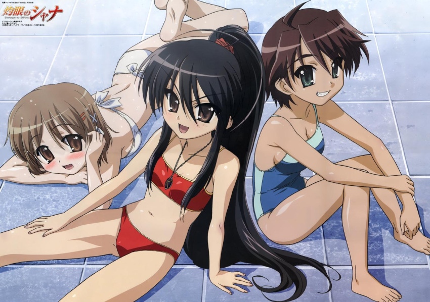 3girls :d adjusting_hair ahoge alastor_(shakugan_no_shana) alternate_hairstyle animaga armpits ass ass_visible_through_thighs back barefoot bikini black_hair blue_one-piece_swimsuit blush bow bow_bikini breast_press breasts brown_eyes brown_hair casual_one-piece_swimsuit copyright_name feet flat_ass from_above from_side fujii_masahiro gradient green_eyes grin hair_between_eyes hair_ornament hair_ribbon hair_scrunchie hair_up hairclip hand_on_own_thigh happy high_ponytail highres holding_own_arm jewelry knees_together_feet_apart knees_up leaning_back legs_up logo long_hair lying medium_breasts multiple_girls navel necklace official_art ogata_matake on_stomach one-piece_swimsuit open_mouth parted_bangs pendant ponytail red_bikini ribbon scan scrunchie shadow shakugan_no_shana shana short_hair sideboob sidelocks single_vertical_stripe sitting small_breasts smile soles source_request spread_legs straight_hair strapless strapless_bikini swimsuit thick_eyebrows tile_floor tiles tucking_hair v-shaped_eyebrows very_long_hair wet wet_hair white_bikini white_bow white_ribbon x_hair_ornament yoshida_kazumi