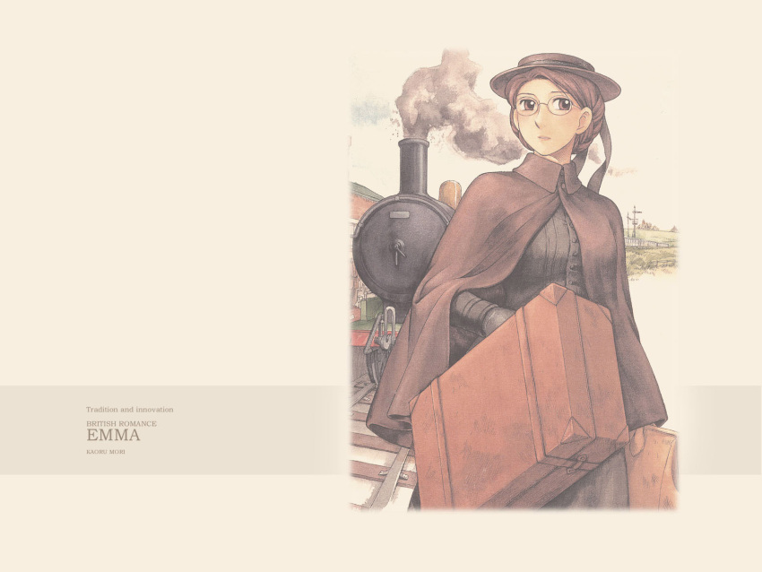 emma_(victorian_romance_emma) female glasses hat highres locomotive long_sleeves mori_kaoru porkpie_hat solo source_request steam_locomotive suitcase train victorian_romance_emma