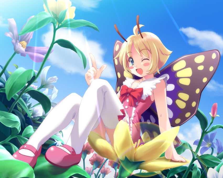 ahoge antennae arm_support blonde_hair blue_eyes blush bow bug butterfly cloud day dress fairy female mary_janes nature one_eye_closed panties pantyshot pink_dress richu shimon_(shimotsuma) shimotsuma shoes short_hair sitting sky solo thighhighs underwear white_panties white_thighhighs wings