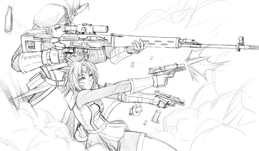 2girls adventurer_(ff11) animal_ears casing_ejection cat_ears dragunov_svd dual_wielding elf elvaan final_fantasy final_fantasy_xi greyscale gun handgun holding looking_through_scope magazine_(weapon) mithra_(ff11) monochrome multiple_girls nakadera_akira pointy_ears prehensile_tail reloading rifle shell_casing sniper_rifle tail weapon