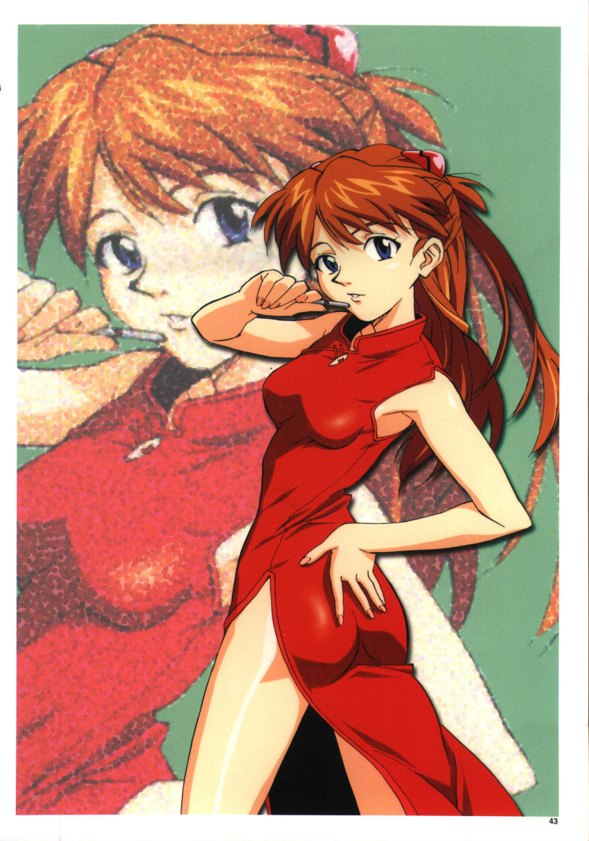 1990s_(style) absurdres blue_eyes china_dress chinese_clothes cowboy_shot dress female hairpods highres holding_tenbou interface_headset long_hair mahjong neon_genesis_evangelion official_art pen red_dress red_hair retro_artstyle scan sleeveless sleeveless_dress solo souryuu_asuka_langley takamura_kazuhiro tenbou twisted_torso zoom_layer