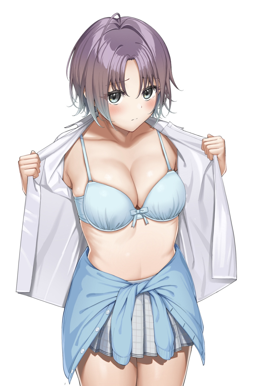 absurdres ahoge asakura_toru blue_bra blue_cardigan blue_hair blush bra breasts cardigan cardigan_around_waist cleavage closed_mouth clothes_around_waist collarbone commentary cowboy_shot female gradient_hair grey_eyes grey_skirt highres idolmaster idolmaster_shiny_colors large_breasts looking_at_viewer miniskirt multicolored_hair open_clothes open_shirt parted_bangs period_(anony_83) pleated_skirt purple_hair school_uniform shirt short_hair simple_background skirt solo underwear undressing white_background white_shirt