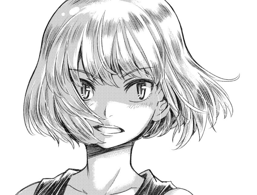 blush commentary female floating_hair greyscale looking_to_the_side monochrome open_mouth portrait short_hair simple_background solo uchi_emiri unusually_open_eyes watashi_ga_motenai_no_wa_dou_kangaetemo_omaera_ga_warui! white_background zatou_(kirsakizato)