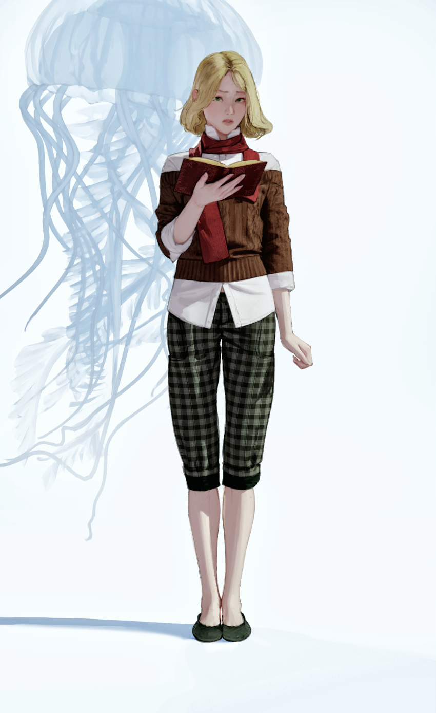 absurdres atamagaitai aurelia_(elden_ring) blonde_hair book commentary contemporary elden_ring english_commentary fashion female floating high_collar highres holding holding_book jellyfish looking_at_viewer medium_hair off-shoulder_sweater off_shoulder pants plaid plaid_pants roderika_(elden_ring) scarf shirt simple_background slippers sweater white_shirt