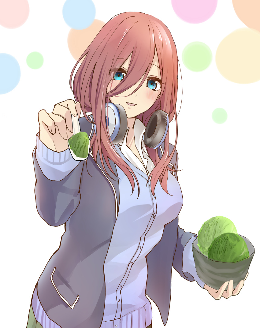 absurdres blazer blue_cardigan blue_eyes blush bowl breasts brown_hair cardigan collared_shirt commentary_request feeding female food go-toubun_no_hanayome green_skirt hair_between_eyes headphones headphones_around_neck highres holding holding_spoon ice_cream jacket large_breasts long_sleeves looking_at_viewer medium_hair nakano_miku open_mouth outstretched_hand pleated_skirt school_uniform shirt skirt solo spoon white_shirt yoshioka_pochi