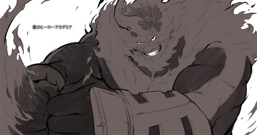 1boy beard bodysuit boku_no_hero_academia facial_hair fiery_hair fire gomtang greyscale incoming_attack male_focus mature_male monochrome muscular muscular_male pectorals short_hair smirk solo stubble todoroki_enji translation_request upper_body veins