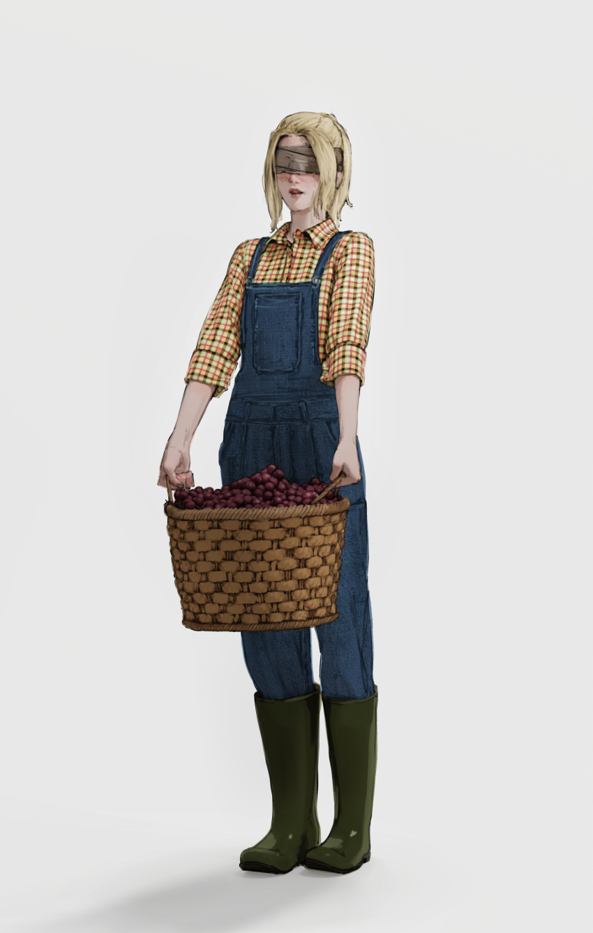 absurdres atamagaitai basket blindfold blonde_hair blush boots commentary crying elden_ring english_commentary female food fruit full_body grapes highres holding holding_basket hyetta_(elden_ring) knee_boots medium_hair overalls plaid plaid_shirt ponytail rubber_boots shirt simple_background solo streaming_tears tears