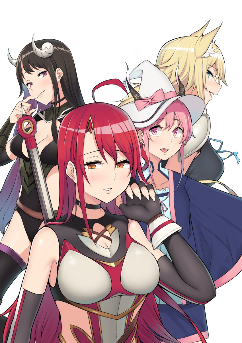 4girls :d ahoge animal_ears aqua_eyes armor bare_shoulders black_gloves black_hair black_legwear blonde_hair blush breastplate breasts brown_hair choker cleavage cleavage_cutout clothing_cutout coco_edolf commentary_request douyara_boku_no_hanayome_wa_onna_kishidan_na_you_de elbow_gloves estelle_invite fingerless_gloves fingernails gloves grin hair_between_eyes hair_ornament hairclip hat highres horns iris_five-star leotard long_hair looking_at_viewer monika_lowaiz multiple_girls nori_gorou open_mouth orange_eyes pauldrons pink_eyes pink_hair profile purple_eyes red_hair shoulder_armor sidelocks simple_background smile standing thighhighs very_long_hair weapon white_background witch_hat