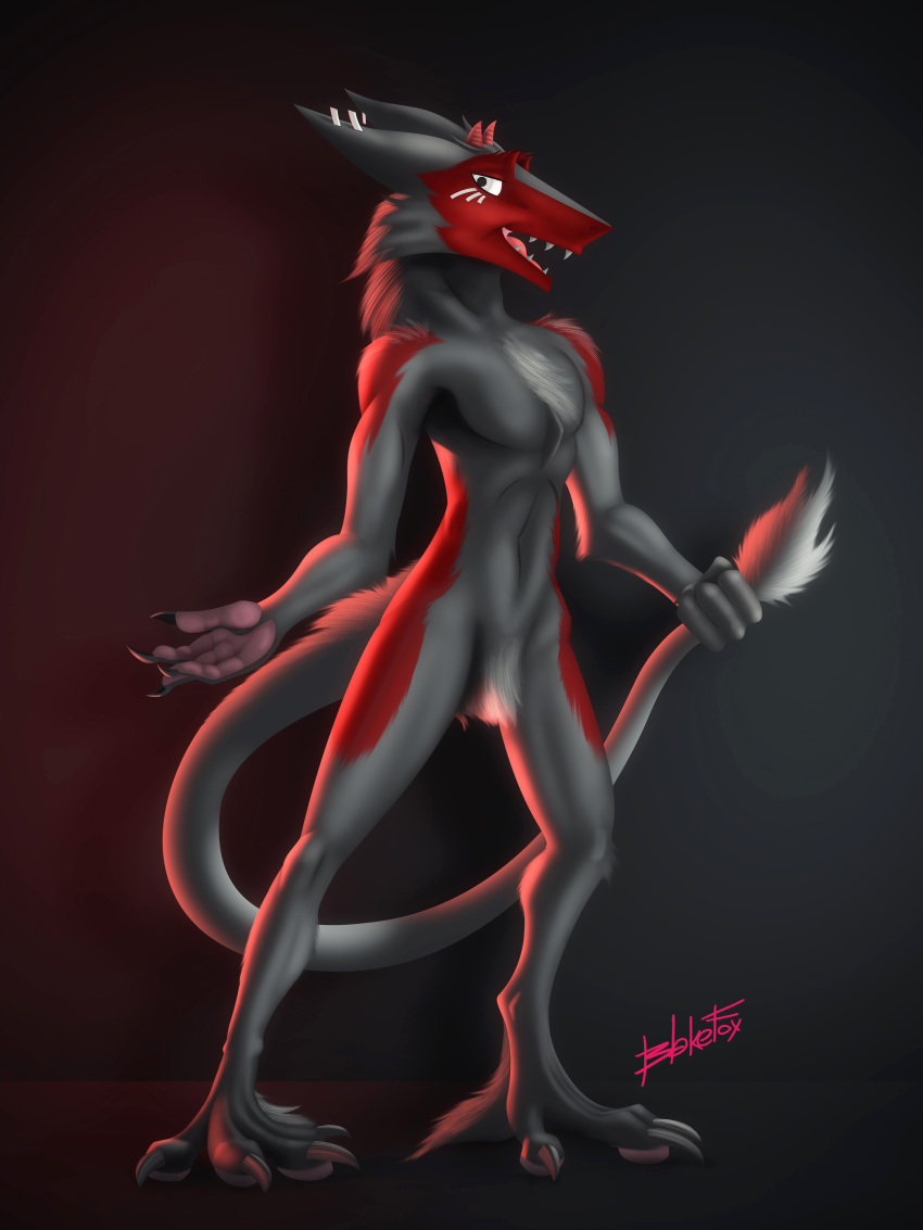 3:4 4_fingers absurd_res blakefox fingers hi_res male muscular open_mouth piercing sergal shadow simple_background solo standing tail teeth tongue