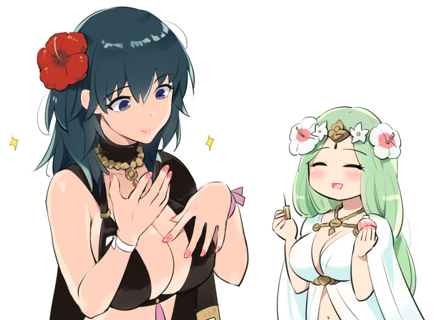 2girls bikini black_bikini blue_eyes blue_hair breasts byleth_(female)_(fire_emblem) byleth_(female)_(summer)_(fire_emblem) byleth_(fire_emblem) cleavage closed_eyes closed_mouth commentary fire_emblem fire_emblem:_three_houses fire_emblem_heroes flower green_hair hair_flower hair_ornament holding large_breasts long_hair multiple_girls nail_polish official_alternate_costume open_mouth rhea_(fire_emblem) rhea_(summer)_(fire_emblem) simple_background smile swimsuit symbol-only_commentary upper_body white_background yomusugara_(uzo-muzo)