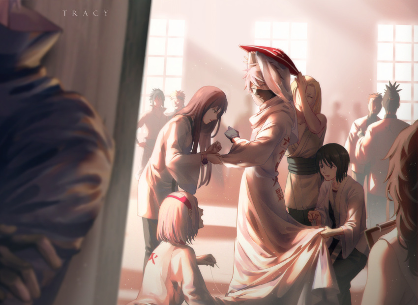 5girls 6+boys akatsuki_uniform artist_name black_gloves blonde_hair blurry breasts brown_hair closed_eyes commentary_request crossed_arms forehead_protector gloves happy hat hatake_kakashi holding holding_needle large_breasts lipstick long_hair looking_at_another makeup mask mouth_mask multiple_boys multiple_girls nara_shikaku naruto_(series) naruto_shippuuden needle open_mouth pants peeping pink_hair purple_hair qwer00138 robe sakura_haruno scar scar_across_eye sewing sewing_needle shizune_(naruto) short_hair smile standing tsunade_(naruto) uchiha_obito uchiha_sasuke uzuki_yuugao uzumaki_naruto white_robe window yamato_(naruto) yuuhi_kurenai