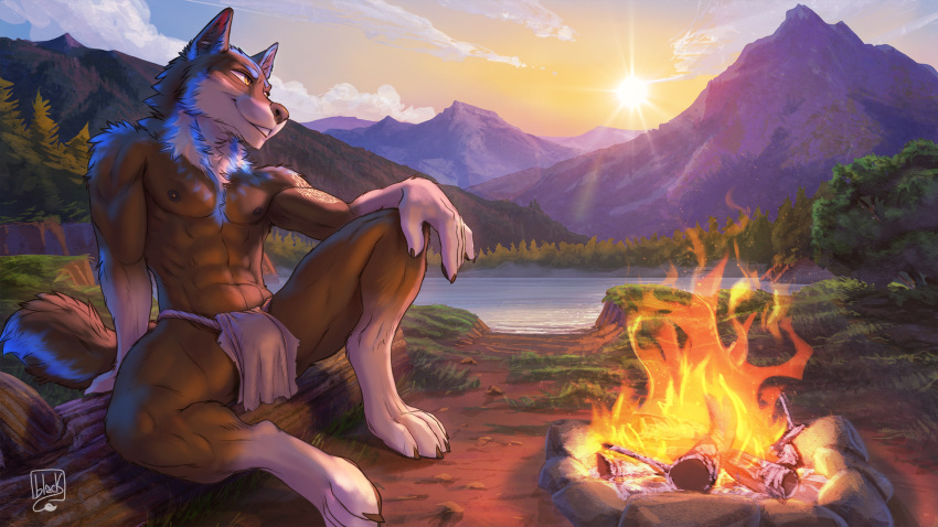 anthro bottomwear campfire canid canine canis clothing hi_res lake lion21 loincloth male mammal mountianscape outside relaxing solo sunset the_ardwolf wolf