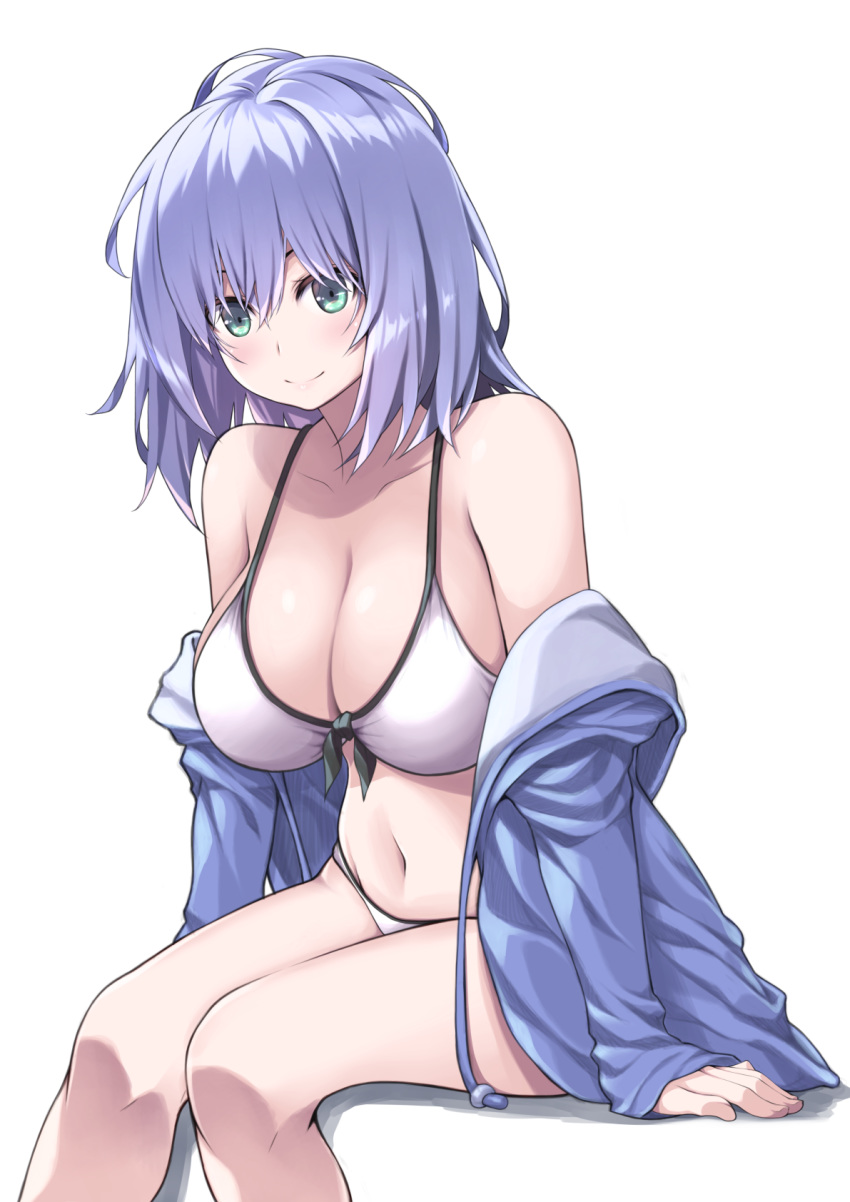 bad_id bad_pixiv_id bikini blue_eyes blue_hair blue_jacket breasts cleavage commentary_request cowboy_shot female highres hood hooded_jacket hoodie jacket large_breasts looking_at_viewer navel original ribucci short_hair simple_background sitting smile solo swimsuit white_background white_bikini