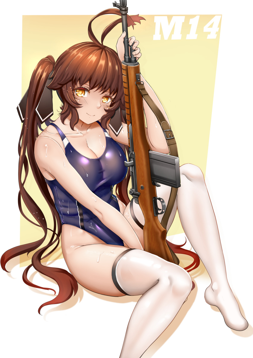 absurdres alternate_costume antenna_hair battle_rifle blush breasts brown_hair chiyo_goya collarbone commentary competition_swimsuit female girls'_frontline gun hair_ribbon highres holding holding_weapon large_breasts long_hair looking_at_viewer m14 m14_(girls'_frontline) one-piece_swimsuit ribbon rifle sitting skindentation smile solo sweat swimsuit thighhighs twintails weapon wet white_thighhighs yellow_eyes