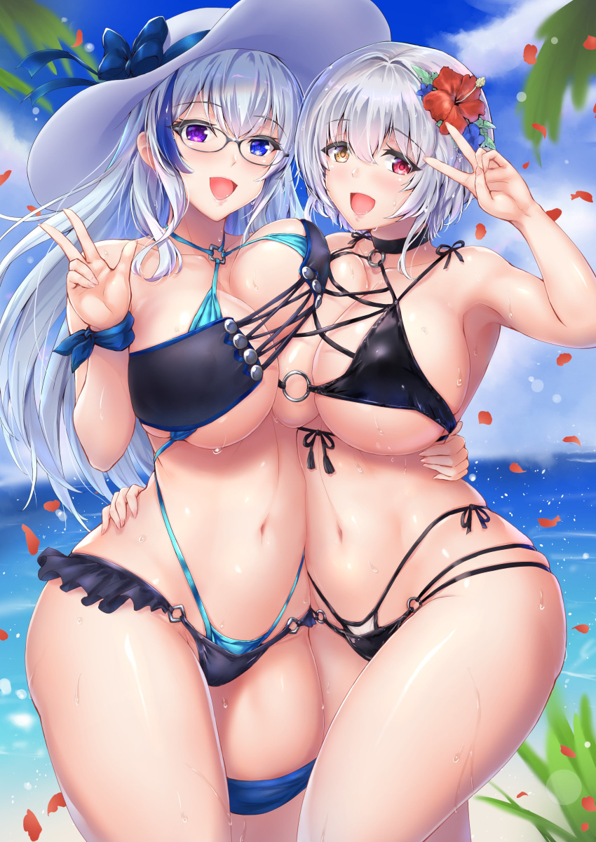 2girls absurdres alicia_renato_(yashiro_sousaku) armpits beach bikini black_bikini blue_eyes blue_sky blue_slingshot_swimsuit blush borrowed_character breast_press breasts choker cleavage cloud cloudy_sky collarbone commission crossed_bangs day eyelashes eyepatch_bikini flower frilled_bikini frills glasses green_bikini grey_hair hair_between_eyes hair_flower hair_ornament hand_on_own_hip hat heterochromia highleg highleg_bikini highres hug hyouka_(yashiro_sousaku) large_breasts layered_bikini leg_ribbon lips long_hair lowleg lowleg_bikini mismatched_bikini multi-strapped_bikini multicolored_hair multiple_girls navel o-ring o-ring_bikini o-ring_bottom o-ring_top ocean open_mouth original outdoors palms petals purple_eyes red_eyes ribbon short_hair sidelocks skindentation sky slingshot_swimsuit smile stomach streaked_hair string_bikini sun_hat sweat swimsuit symmetrical_docking thigh_ribbon thigh_strap thighs toriatto_gununu v variant_set wet white_bikini white_hair wrist_ribbon yellow_eyes yuri