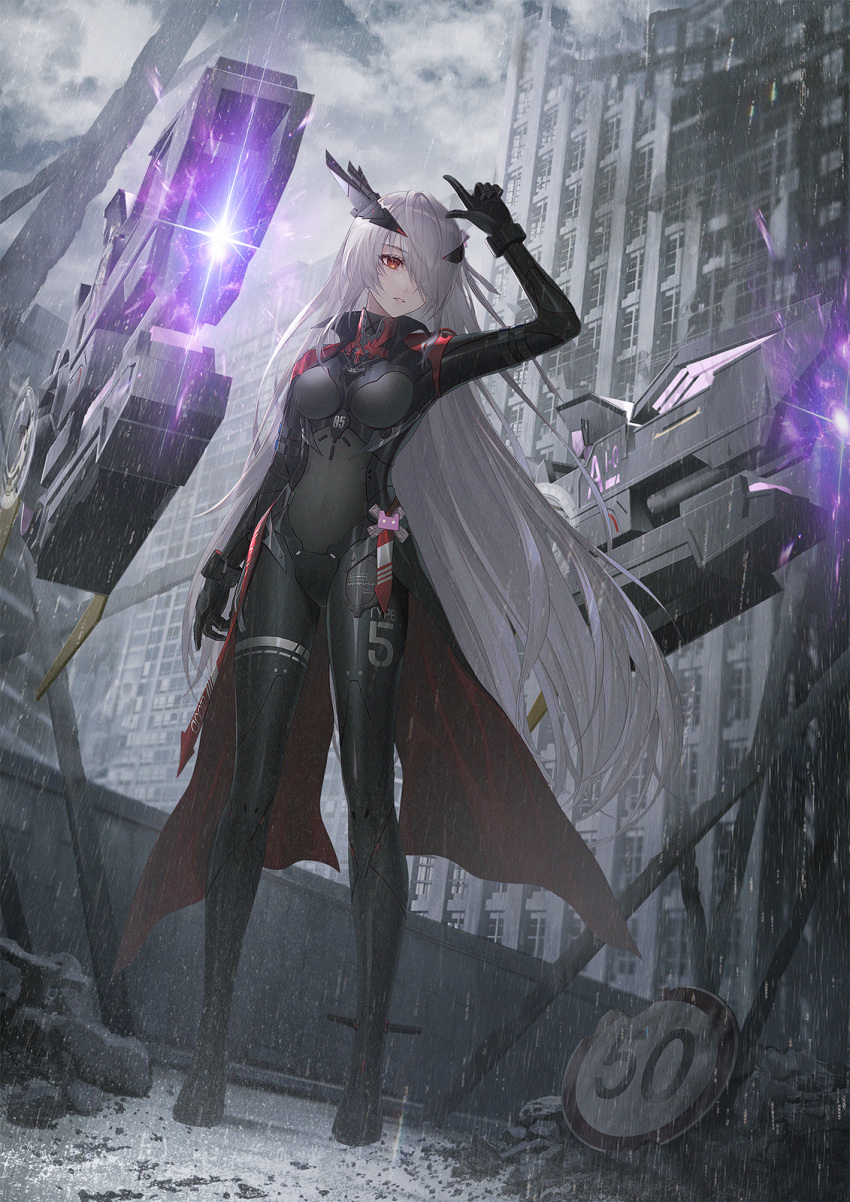 arm_up bodysuit breasts building city cloud cloudy_sky cyborg day energy female full_body glowing hair_over_one_eye headgear highres long_hair looking_at_viewer nemesis_(tower_of_fantasy) no.aei official_alternate_costume outdoors rain red_eyes ruins science_fiction sky solo standing tower_of_fantasy very_long_hair weapon white_hair