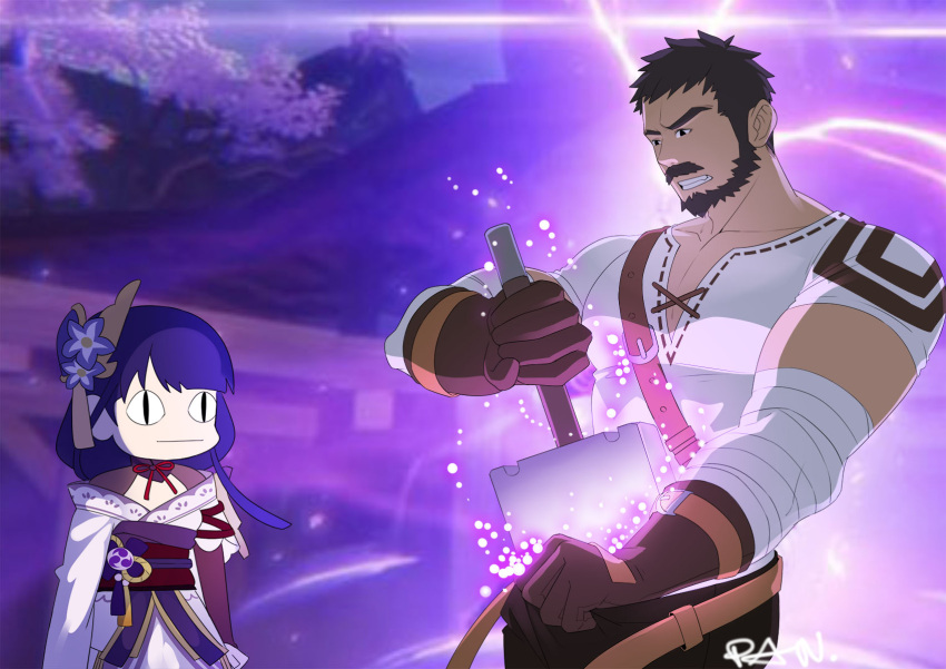 <|>_<|> 1boy bandaged_arm bandages bara beard black_eyes black_hair blacksmith brown_gloves brown_pants chibi chibi_inset clenched_teeth clothes_pull commentary cross-laced_clothes cross-laced_slit cross-laced_top drawing_sword electricity english_commentary facial_hair female flower genshin_impact gloves highres holding holding_sword holding_weapon human_scabbard kashi_kosugi large_pectorals leather light_particles looking_at_another male_focus mature_male meme mitsudomoe_(shape) moustache muscular muscular_male obi pants pants_pull parody pectoral_cleavage pectorals pulling pulling_own_clothes purple_flower purple_hair raiden_shogun sash sheath shirt short_hair signature slit_pupils staring sword tassel teeth tomoe_(symbol) v-neck wagner_(genshin_impact) weapon white_shirt wide-eyed