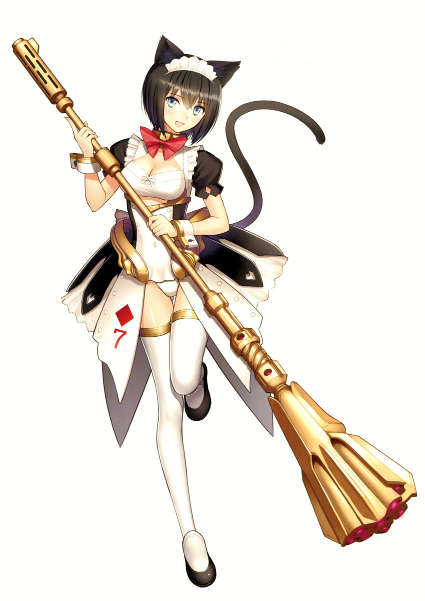 absurdres animal_ear_fluff animal_ears black_hair blue_eyes bow breasts cat_ears cat_tail cleavage covered_navel dress female full_body guilty_princess highres holding leg_up leotard looking_at_viewer maid_headdress maidroid_miao medium_breasts open_mouth puffy_sleeves scan shiny_skin shoes showgirl_skirt simple_background solo standing tail thighhighs tony_taka white_background white_thighhighs wrist_cuffs