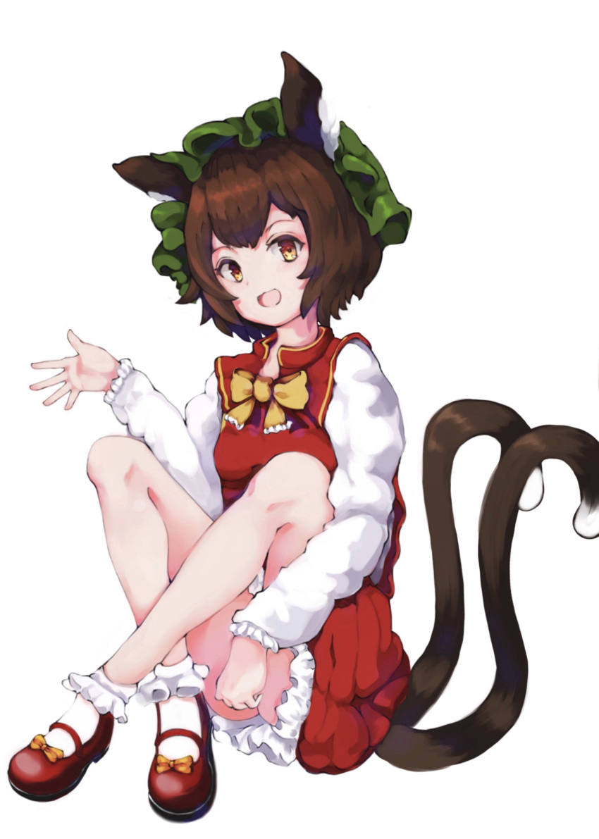 absurdres animal_ears ass bow brown_hair cat_ears chen commentary dress female footwear_bow hat highres legs long_sleeves looking_at_viewer mary_janes mob_cap open_mouth orange_bow orange_footwear red_dress red_footwear shoes short_hair simple_background sitting solo tail touhou wangyq white_background