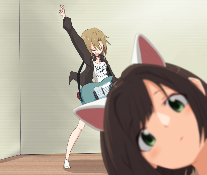 >o< 2girls :o animal_ears arm_up asterisk_(idolmaster) bass_guitar black_jacket blurry blurry_foreground breasts brown_hair cat_ears cleavage depth_of_field expressionless fake_animal_ears head head_tilt headphones highres idolmaster idolmaster_cinderella_girls indoors instrument ito_(itokayu) jacket looking_at_viewer maekawa_miku medium_breasts multiple_girls music outstretched_arm photobomb playing_instrument print_shirt shirt short_hair solo_focus tada_riina