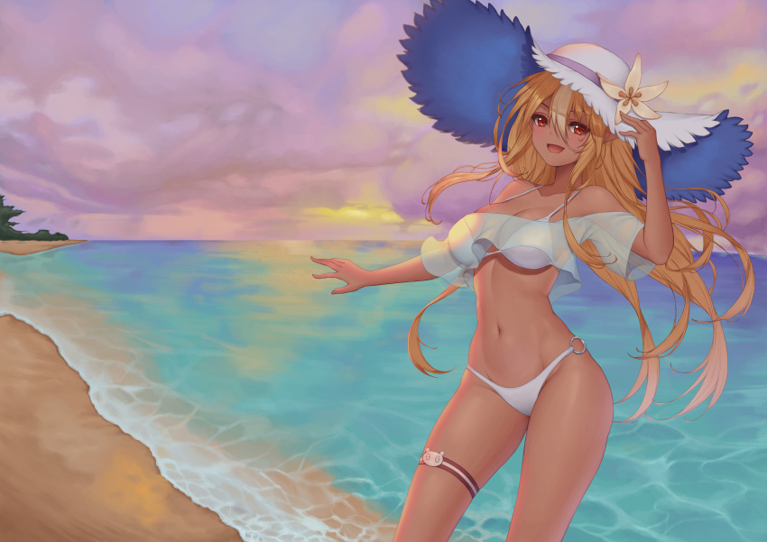 absurdres baeg_mi beach bikini blonde_hair cloud cloudy_sky crop_top dark-skinned_female dark_skin elf female floating_hair flower hair_between_eyes hand_up hat hat_flower highres hololive long_hair looking_at_viewer multicolored_hair navel ocean open_mouth outdoors pointy_ears red_eyes sand see-through see-through_shirt shiranui_flare shirt sky smile solo streaked_hair sun_hat swimsuit tan thigh_gap very_long_hair virtual_youtuber water white_bikini white_flower white_hat