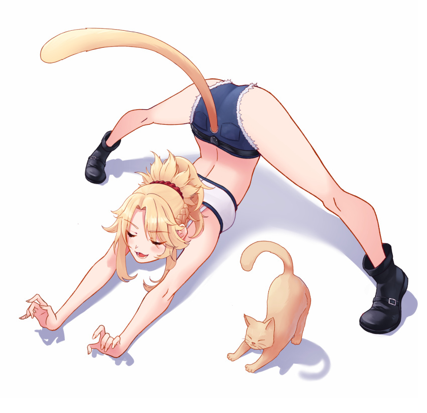 :3 ass bandeau black_footwear blonde_hair blush boots cat_stretch cat_tail closed_eyes denim denim_shorts fate/grand_order fate_(series) feline female highres jack-o'_challenge long_hair mordred_(fate) mordred_(fate/apocrypha) mordred_(memories_at_trifas)_(fate) open_mouth pankeiki red_scrunchie scrunchie shadow short_shorts shorts solo spread_legs stretching tail whiskers wide_spread_legs