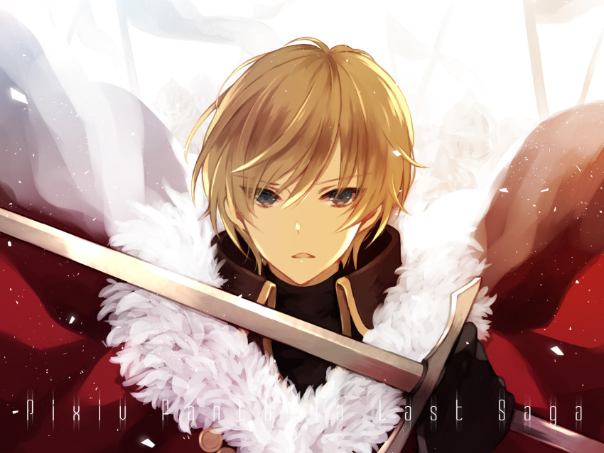 1boy black_gloves cape commentary_request copyright_name dylan_the_island_king fur_trim gloves grey_eyes hair_between_eyes holding holding_sword holding_weapon light_brown_hair looking_at_viewer male_focus pixiv_fantasia pixiv_fantasia_last_saga red_cape solo standing suzumina_shiki sword upper_body weapon white_background