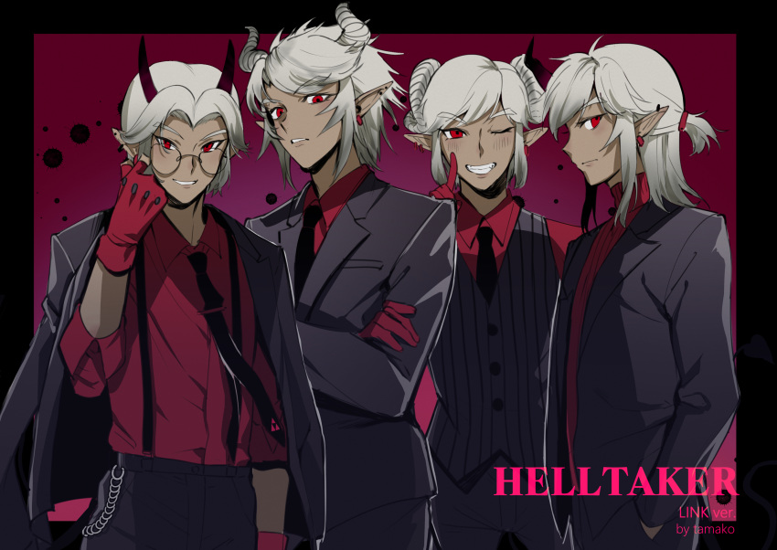 1boy alternate_color alternate_costume alternate_hairstyle black_horns black_necktie black_suit cerberus_(helltaker) cerberus_(helltaker)_(cosplay) chains character_name commentary_request copyright_name cosplay demon_horns ear_piercing earrings formal glasses gloves grey_hair grin hair_ornament half_updo hand_in_pocket helltaker highres horns jacket jacket_on_shoulders jewelry justice_(helltaker) justice_(helltaker)_(cosplay) link long_sleeves looking_at_viewer lucifer_(helltaker) lucifer_(helltaker)_(cosplay) male_focus md5_mismatch medium_hair modeus_(helltaker) modeus_(helltaker)_(cosplay) multiple_views necktie parted_bangs parted_lips piercing pinstripe_pattern pinstripe_vest red_eyes red_gloves red_shirt red_sweater shirt short_hair sleeves_rolled_up smile striped_clothes striped_sweater striped_vest suit sweater swept_bangs tamako_(tamatamako01) the_legend_of_zelda the_legend_of_zelda:_breath_of_the_wild vertical-striped_clothes vertical-striped_sweater vertical-striped_vest vest white_horns