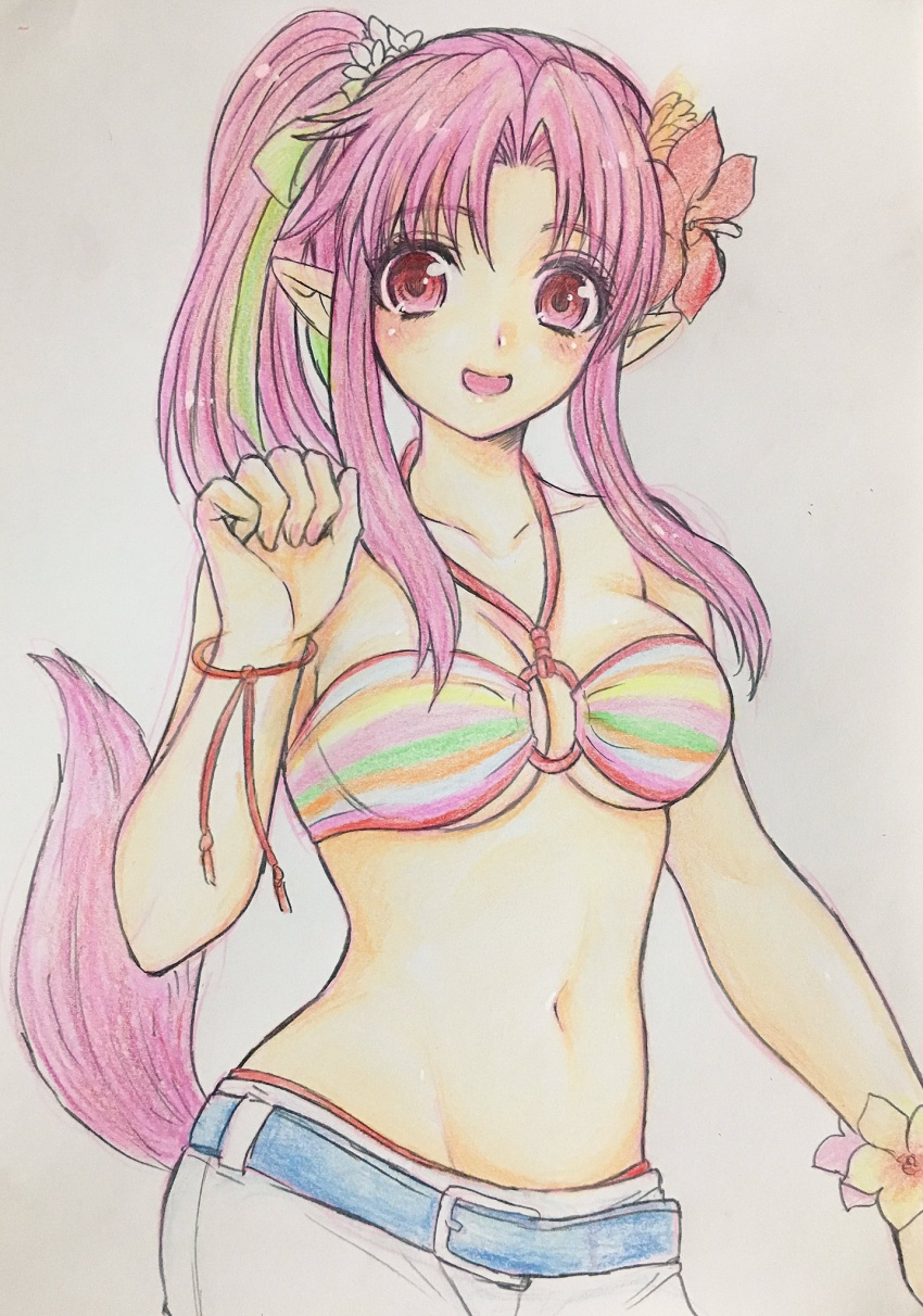 :d arm_at_side belt bikini bikini_skirt bikini_top_only blue_belt blush breasts cleavage clenched_hand collarbone colored_pencil_(medium) commentary_request cowboy_shot female flower green_ribbons hair_flower hair_ornament hair_ribbon halterneck hand_up hibiscus higemaccho high_ponytail highres long_hair looking_at_viewer medium_breasts millie_chliette navel o-ring o-ring_bikini o-ring_top open_mouth parted_bangs pink_flower pink_hair pink_tail pointy_ears red_eyes red_flower ribbon side_ponytail sidelocks simple_background smile solo standing star_ocean star_ocean_first_departure straight_hair striped_bikini striped_clothes swimsuit tail tail_raised traditional_media underboob white_background white_bikini white_flower wrist_flower wrist_ribbon yellow_flower