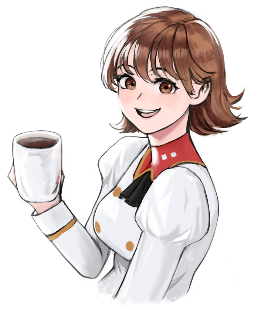 agent_aika aika_(series) ascot azelweien bad_id bad_pixiv_id black_ascot breasts brown_eyes brown_hair buttons coffee coffee_mug commentary_request cup delmogeny_uniform female highres holding holding_cup jacket juliet_sleeves long_sleeves medium_breasts mug pink_delmo puffy_sleeves short_hair smile suzie_(agent_aika) uniform upper_body white_delmo white_jacket