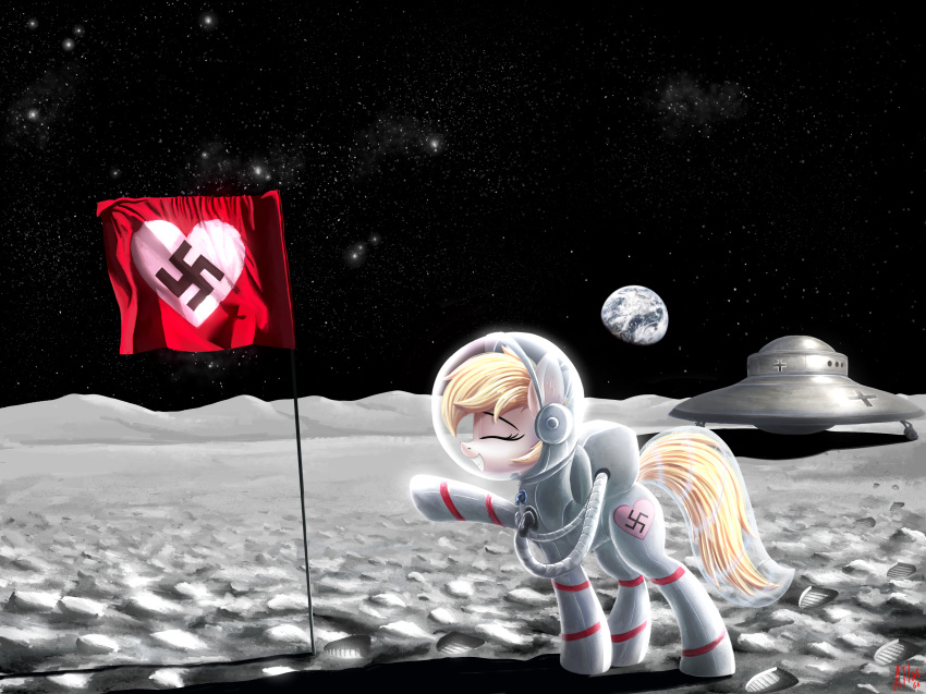 absurd_res aryanne_(character) atlas-66 blonde_hair closed_eyes earth earth_pony equid equine fan_character female feral flag flag_(object) flying_saucer gesture hair hasbro heart_flag heart_symbol hi_res horse mammal moon my_little_pony nazi nazi_salute planet pony salute smile solo space spacecraft spacesuit star swastika ufo vehicle