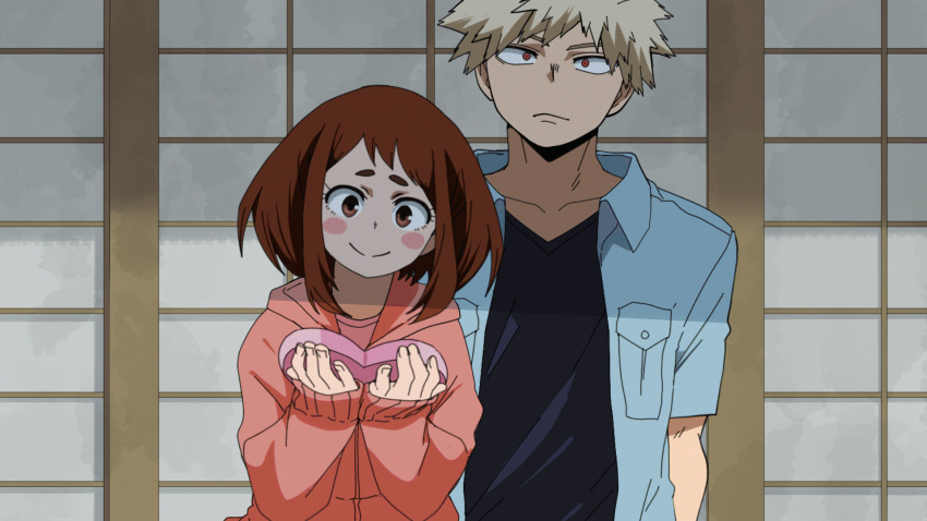 1boy animated animated bakugou_katsuki blinking blonde_hair blush_stickers boku_no_hero_academia bow box breast_pocket brown_hair closed_mouth cloud day female grey_legwear hand_on_another's_head heart-shaped_box highres holding krumbs_(dailykrumbs) long_sleeves open_clothes open_shirt pocket ribbon shirt short_sleeves shorts sitting sky smile socks spiked_hair tree undershirt uraraka_ochako valentine