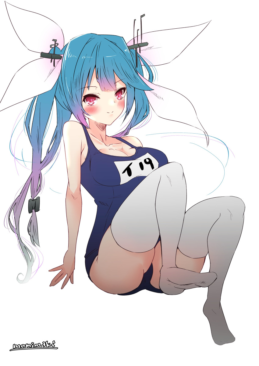 absurdres blue_hair blue_one-piece_swimsuit breasts female hair_ribbon highres i-19_(kancolle) invisible_chair kantai_collection long_hair momimaki one-piece_swimsuit red_eyes ribbon school_swimsuit sitting solo star-shaped_pupils star_(symbol) swimsuit symbol-shaped_pupils thighhighs tri_tails twitter_username white_background white_thighhighs