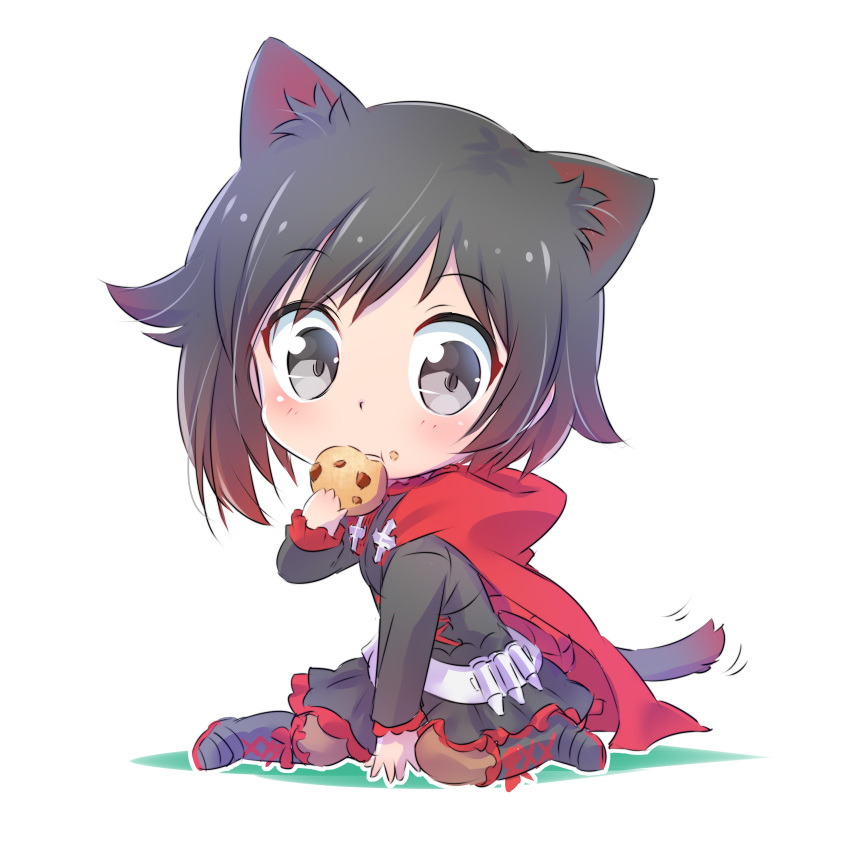 absurdres animal_ears black_hair boots cat_ears cat_girl cat_tail chibi cloak cookie cross eating female food gradient_hair grey_eyes highres iesupa kemonomimi_mode looking_at_viewer multicolored_hair red_hair ruby_rose rwby rwby_chibi simple_background sitting skirt solo tail two-tone_hair white_background