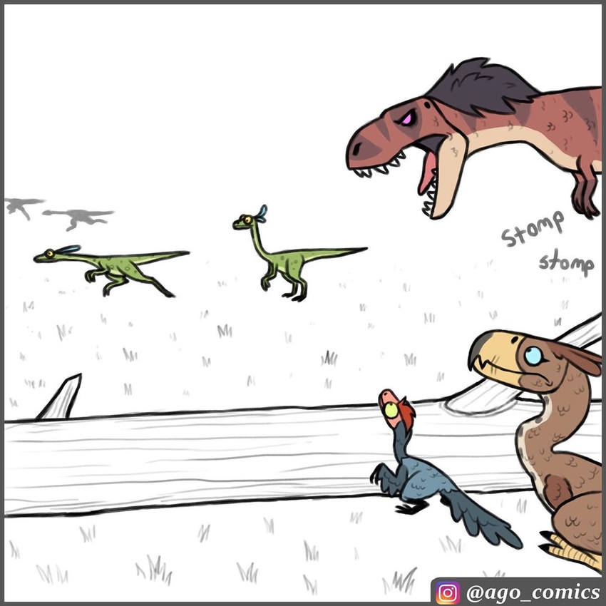 1:1 avian bird cariamiform dinosaur dromaeosaurid english_text extinct feral group instagram outside pet_foolery plant prehistoric_species reptile roxy_the_t-rex scalie size_difference terror_bird terrorbird_(pet_foolery) text theropod tree twig_the_velociraptor tyrannosaurid tyrannosauroid tyrannosaurus tyrannosaurus_rex velociraptor