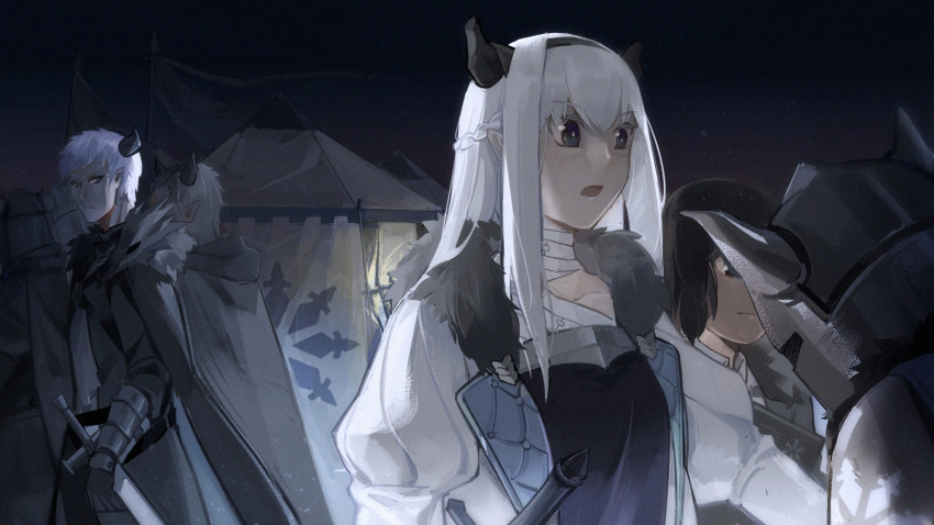 2girls 5boys :o bad_id bad_pixiv_id black_cape black_gloves black_hair black_hairband black_horns blue_eyes cape fantasy flag gloves grey_hair hairband helmet highres horns leon_the_southern_conquest_general long_hair long_sleeves multiple_boys multiple_girls night night_sky odasakunosuke photoshop_(medium) pixiv_fantasia pixiv_fantasia_last_saga puffy_long_sleeves puffy_sleeves sky standing sword tent weapon yuki_the_empress'_aide zera_the_hornless_empress